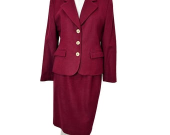 Vtg 1990s Norton McNaughton Red Wool Skirt Suit Corporate Goth Preppy Jacket Set
