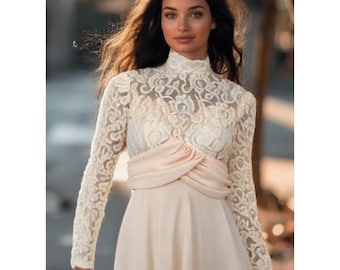 80s Ursula Switzerland Wedding Dress Size 4 Midi Peach Lace Top Chiffon VGUC