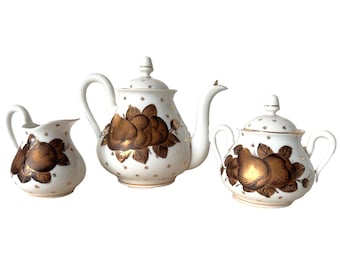 Juego de té LIMOGES Tetera Azucarera Jarra de leche Oro Fruta Hoja Estrellas Pintado a mano Francia