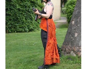 Steampunk silk skirt with trail / Burning Man festival skirt / Burlesque skirt in orange silk / Flexible size s-xl / Wearable art skirt