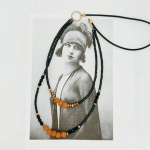 Black and orange necklace with brass crystals / Sparkling necklace / Tribal necklace / Gothic necklace with black heishi beads