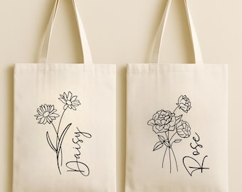 Personalized Birth Flower Canvas Tote Bag: Reusable Shopping Bag