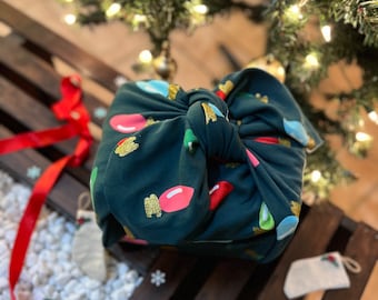 Christmas Lights Furoshiki Gift Wrapping, Eco Friendly Wrapping, Zero Waste Gift wrapping, Fabric Wrapping Made In USA