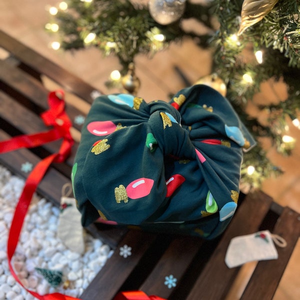 Christmas Lights Furoshiki Gift Wrapping, Eco Friendly Wrapping, Zero Waste Gift wrapping, Fabric Wrapping Made In USA