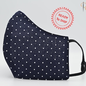 White Polka Dots On Navy Cotton Nose Wire Face Mask Reusable Fancymask With Elastic Washable Double Layer Mask MadeInUSA Fast&Free Shipping
