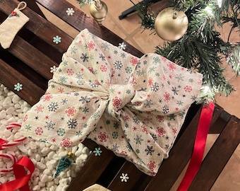 Colorful Snowflakes Christmas Furoshiki Gift Wrapping, Eco Friendly Wrapping, Zero Waste Gift wrapping, Fabric Wrapping Made In USA