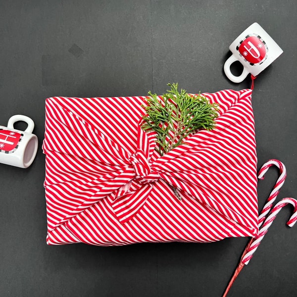 Candy Cane Christmas Furoshiki Gift Wrapping, Eco-Friendly Fabric Wrapping, Christmas wrapping, Fabric Wrapping, Made In USA