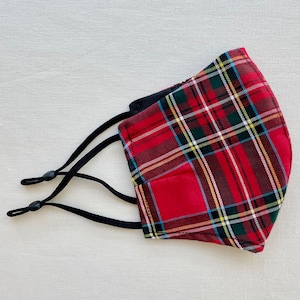 Gesichtsmaske für Frauen mit Filterfach - 100% Baumwolle - Rotes Kariertes Muster, wiederverwendbar, waschbar, wendbar, bequem, atmungsaktiv