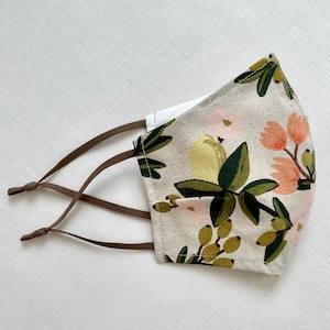 Damen Gesichtsmaske mit Filtertasche & Nasendraht - Baumwolle/Leinen - Sommerliche Zitrus Blumen, wiederverwendbar, waschbar, bequem, atmungsaktiv