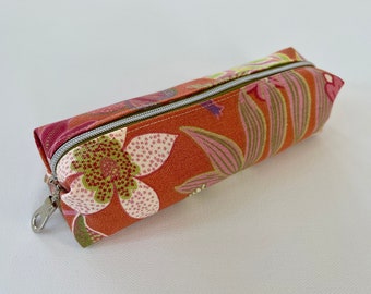 Large Floral Pencil Case / Pen Case / Makeup Pouch / Catch-all / Zipper Pouch - Pink/Coral/Orange Cotton Fabric - Handmade in the USA