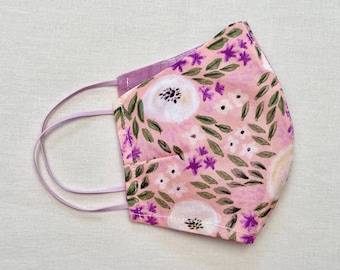 Floral Cotton Face Mask: Pink Watercolor Flowers, Reusable with Filter Pocket