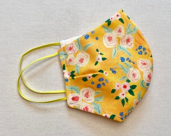 Women's Face Mask with Filter Pocket - 100% organic cotton- Yellow Floral Flowers, Reusable, Washable, Reversible, Comfortable, Breathable