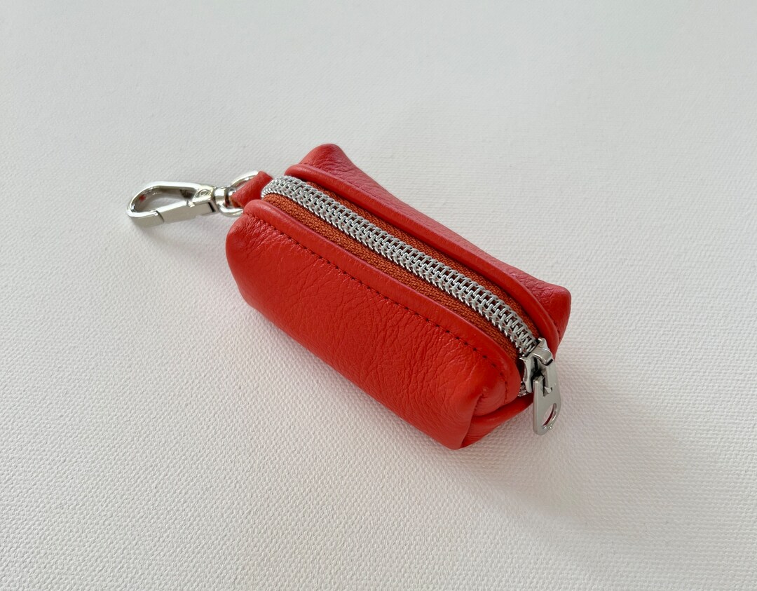 Red Orange Full Grain Leather Dog Poop Bag Holder Dog Waste Bag Holder