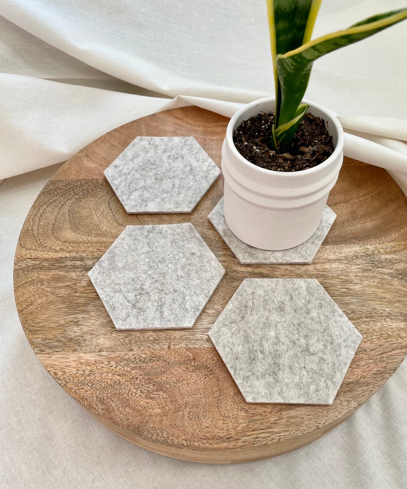 4 Beige Cream Honeycomb Wool Felt Coasters Sets of 2, 4, 8 Coasters Clean, Sustainable, Modern Minimalist Design Barware Drinkware image 6