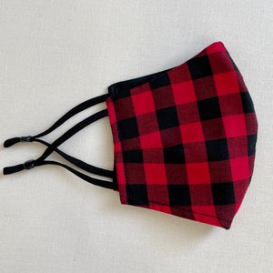 Damen Gesichtsmaske mit Filtertasche - 100% Baumwolle - Rote Büffel kariertes Muster, wiederverwendbar, waschbar, wendbar, bequem, atmungsaktiv