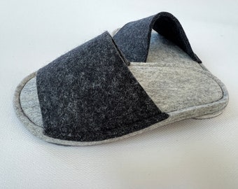 Two Tone Charcoal Gray Wool Felt Children's Indoor Slippers - Non Slip Soles - Sustainable Eco Friendly - Toddler Sandals - Cowhide Soles