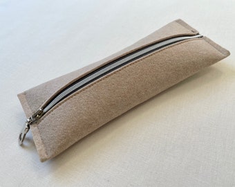 Beige Wheat Wool Felt Makeup Bag: Minimalist Zipper Pouch