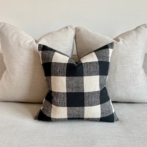 Check Plaid 16x16, 18x18, 20x20 Funda almohada - 100% algodón lino - Color beige neutro / negro, gama alta, moderno, minimalista, elegante, casa de campo