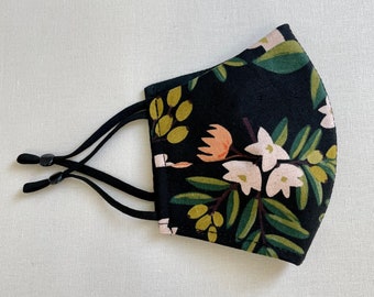 Dark Citrus Floral Face Mask: Rifle Paper Co Cotton Linen, Filter Pocket
