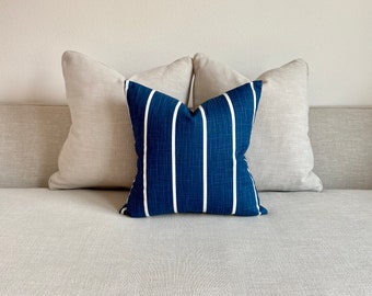 Blue Striped Linen Pillow Cover - Vertical/Horizontal Stripes - Quality 100% Linen Cotton - Modern, Minimalist 16x16, 18x18, 20x20, 22x22