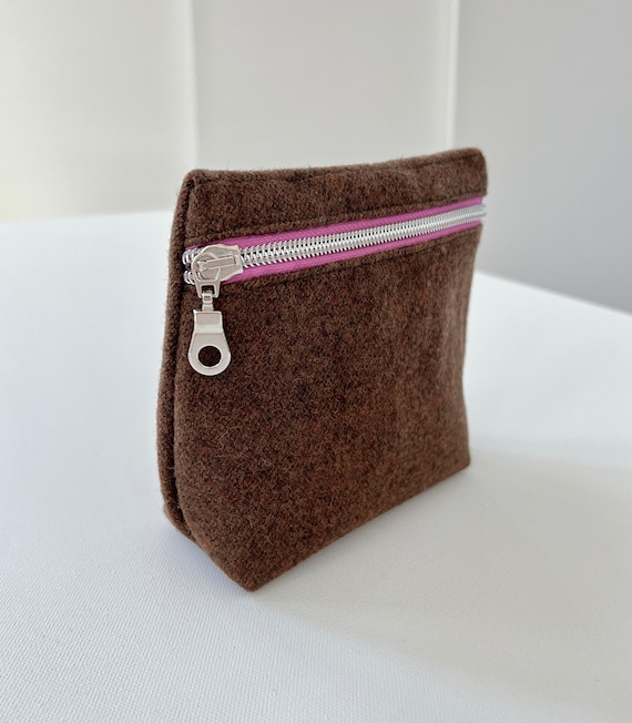 Handmade Oxford Brown Wool Makeup Bag: Minimalist Travel Pouch