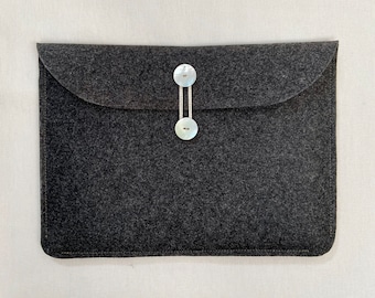 Charcoal Wool Felt Laptop Case 13" MacBook Pro, 13" MacBook Air M1 - Button and Tie String Closure, Minimalist Design - Protective Cushioned