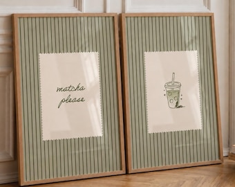 Matcha Wall Art Set of 2: Green Kitchen Decor, Matcha Lover Gift, Cute Kitchen Art, Matcha Prints, Drinks Wall Art (Physical Print)