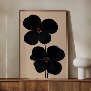 Arte de parede Moody Impressão floral preta, impressão de flores grandes, pôster físico abstrato de meados do século, impressão de flores pretas e bege minimalistas Japandi
