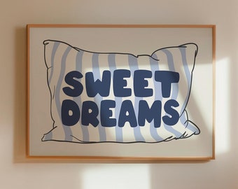 Blue Sweet Dreams Poster Above Bed Horizontal Art, Retro Bedroom Printable Art Trendy Wall Art, Pale Blue Bedroom Art Striped Pillow Poster