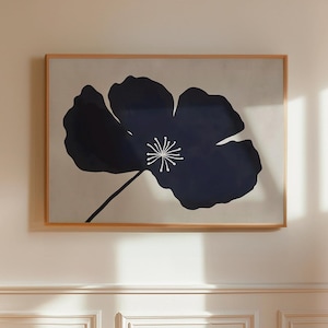 Arte floral azul marinho, arte de parede temperamental, arte de parede minimalista com flores, pôster de flores azuis, impressões de flores horizontais, arte de parede moderna e grande