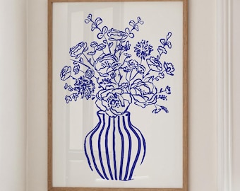Desenho de Flor Azul: Impressão de Flores em Vaso, Arte de Parede Azul, Impressão de Flor Listrada, Pôster Floral Desenhado à Mão (Impressão Física)