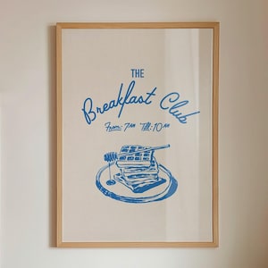 Frühstücksclub druckbare Kunst Hand gezeichnete Küchenplakat, Frühstückswandkunst Trendige Wandkunst, Blaue Küchenwandkunst Waffeln Esszimmerdekor