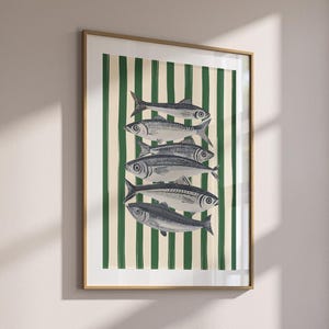 Vintage Fish Printable Art Striped Sardines Print, Mediterranean Kitchen Wall Art Nautical Decor, Coastal Print Green & Blue Seafood Poster