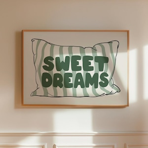 Poster Sweet Dreams, stampa per camera da letto, stampa fisica orizzontale sopra il letto, arredamento retrò per camera da letto, arte murale alla moda, arte per camera da letto verde salvia