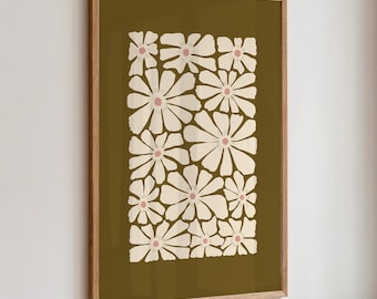 Olive Green Wall Art: Green Floral Prints, Moody Boho Printable Art, Abstract Botanical Poster for Bedroom Decor (Digital Download)