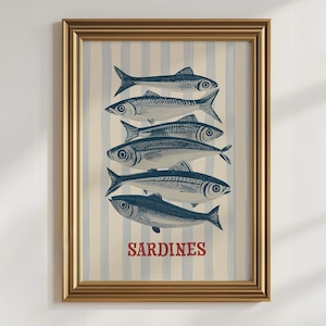 Sardine Print Fish Art Print, Kitchen Printable Art Striped Sardines Print, Vintage Seafood Print, Fish Painting Blue & White Kitchen Decor