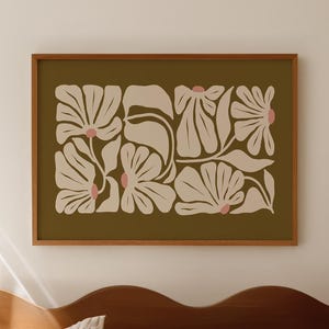 Olive Wall Art: Large Green Horizontal Wall Art, Green & White Japandi Print for Living Room, Floral Boho Printable Art image 2