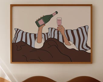 Brown Bedroom Prints: Above Bed Decor, Dorm Room Decor, Blue Brown Wall Art, Wine in Bed Print (Physical Print)