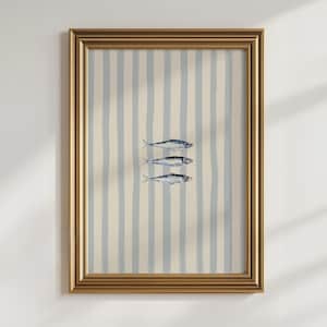 Striped Sardine Print Fish Art Print, Blue & White Kitchen Wall Art Mediterranean Printable Art, Sardines Wall Art Vintage Seafood Poster