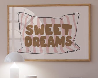 Brown Sweet Dreams Poster Fall Bedroom Printable Art, Above Bed Horizontal Art Trendy Wall Art, Brown & Pink Poster Striped Pillow Print
