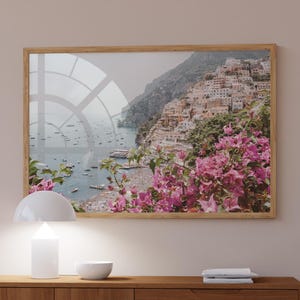Großformatiges Kunstdruck-Kunstwerk aus Positano, Italien – Wandbild Amalfiküste, Italien-Poster Positano-Fotografie, Pastellfarbener italienischer Kunstdruck zum digitalen Download