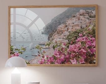 Grande stampa artistica di Positano, Italia, decorazione murale della Costiera Amalfitana, poster Italia, fotografia di Positano, stampa italiana dai colori pastello, download digitale