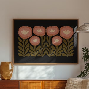 Stimmungsvolle Wandkunst Physischer Blumendruck in Grün-Schwarz, horizontale Wandkunst, Blumendruck, abstraktes botanisches Plakat für Schlafzimmerdekor