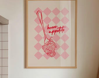 Pasta Printable Art Red & Pink Kitchen Wall Art, Hand Drawn Pasta Poster Spaghetti Print, Trendy Wall Art Modern Dining Room Decor