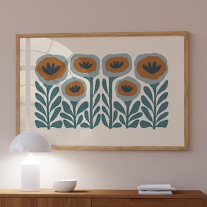 Teal Wall Art Horizontal Wall Art Physical Print, Turquoise Boho Art Flower Print, Modern Art Landscape Floral Art Print
