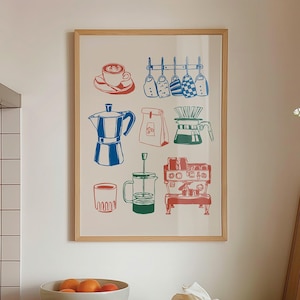 Póster imprimible de café dibujado a mano para amantes del café, arte de pared moderno para decoración de cocina, arte de pared retro, impresión de cafetera moka roja, azul y verde