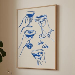 Cheers Printable Art Cin Cin Poster, Italy Wall Art Trendy Wall Art, Cocktail Poster Retro Wine Illustration, Bar Cart Print Blue Doodle Art