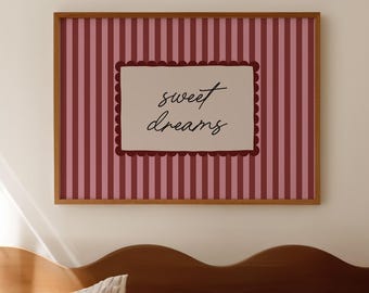 Stampa Sweet Dreams: decorazione murale rosa per camera da letto, stampe orizzontali rosse e rosa (download digitale)