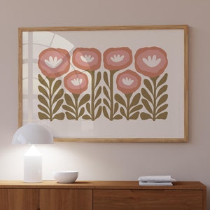 Art mural rose et olive imprimé coquelicots, impression physique florale, art mural horizontal, impressions florales, impression botanique abstraite pour décoration de chambre à coucher