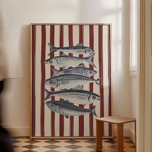 Striped Sardines Print Vintage Fish Printable Art, Coastal Kitchen Wall Art Nautical Decor, Red & Blue Seafood Poster Mediterranean Art